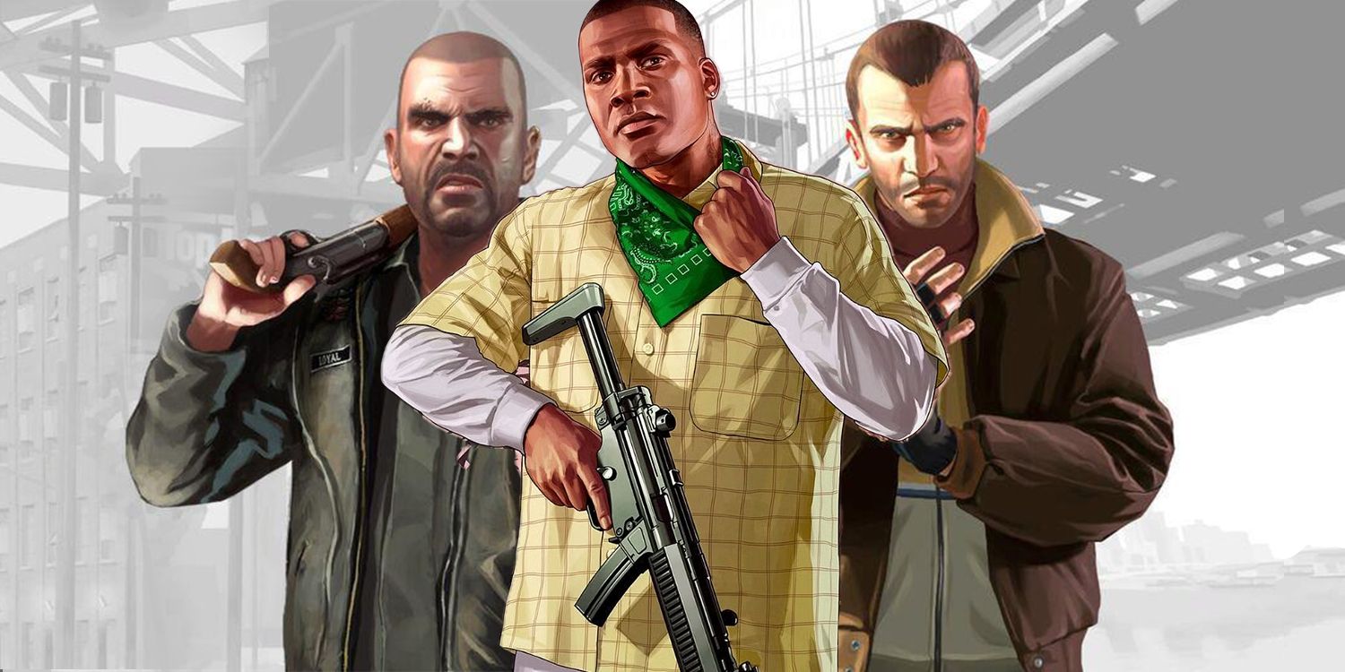 GTA's Johnny Klebitz, Franklin Clinton, and Niko Bellic standing side-by-side against a whitened image of some city infrastructure.