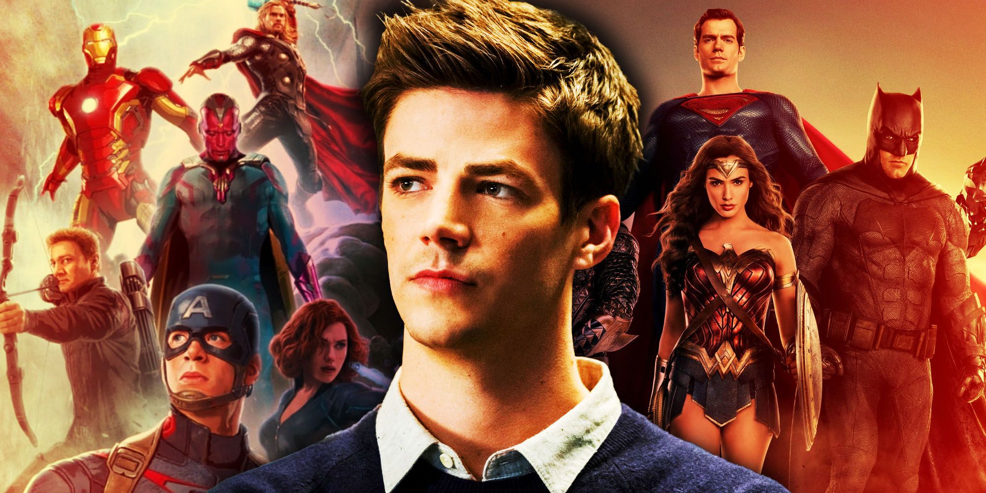 Grant Gustin as Barry Allen the Flash in front of the Justice League and the Avengers