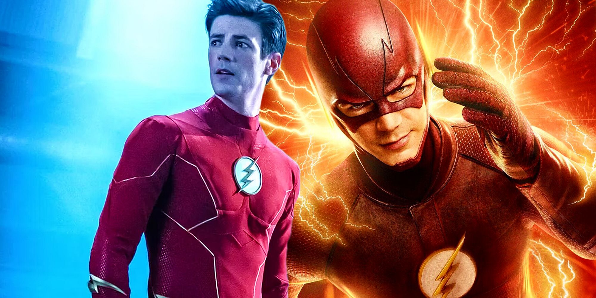 Grant Gustin as The Flash in the CW show next to the official poster