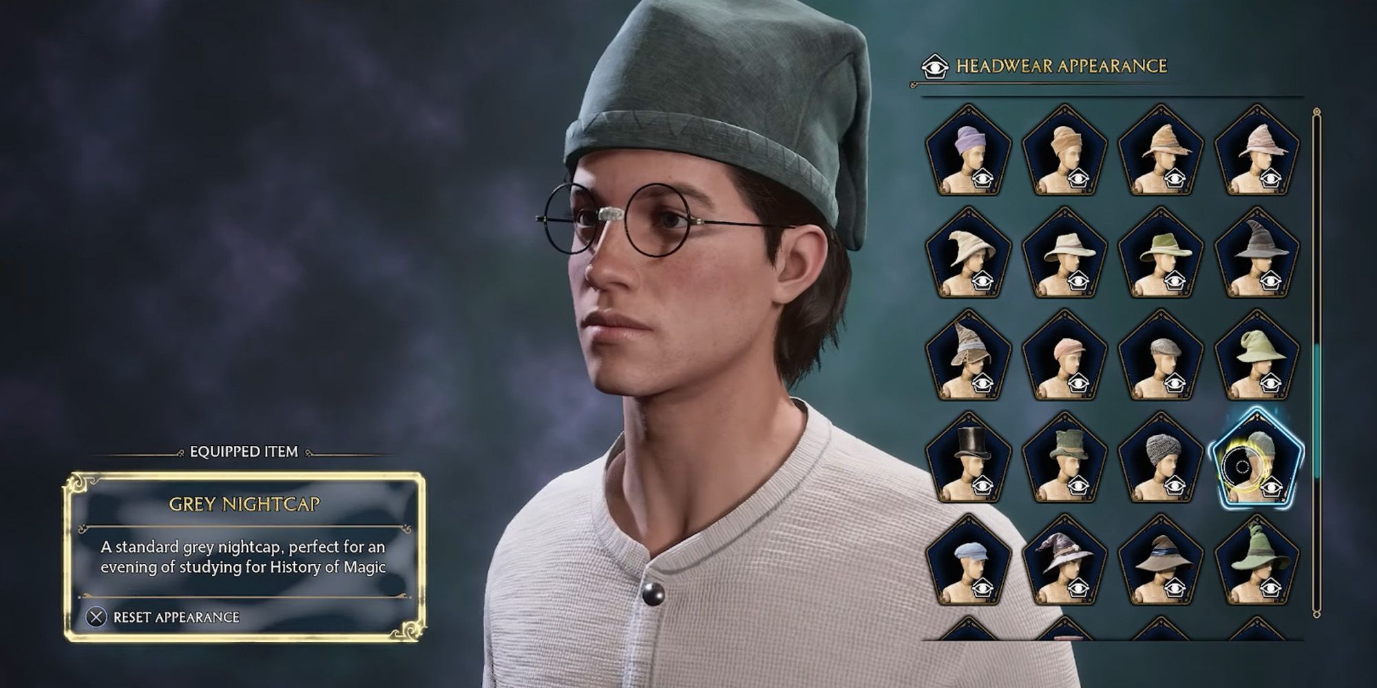A male-presenting student wearing the Grey Nightcap in Hogwarts Legacy
