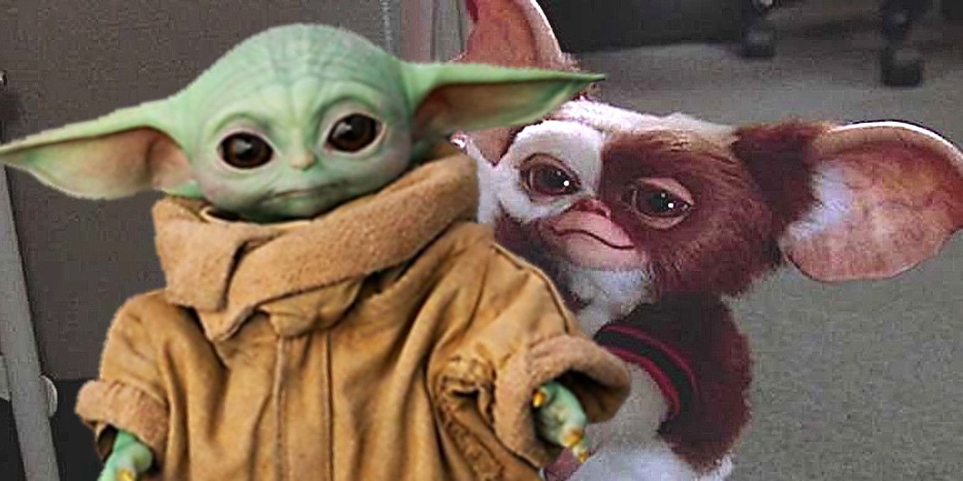 Grogu from The Mandalorian staring impassively ahead, with Gizmo from Gremlins looking mischievous