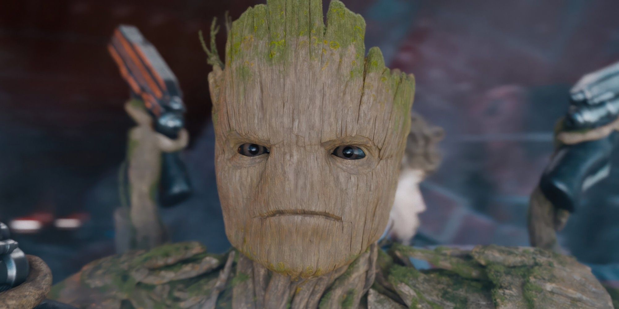 Groot looking angry straight at the camera in a scene from Guardians of the Galaxy Vol. 3