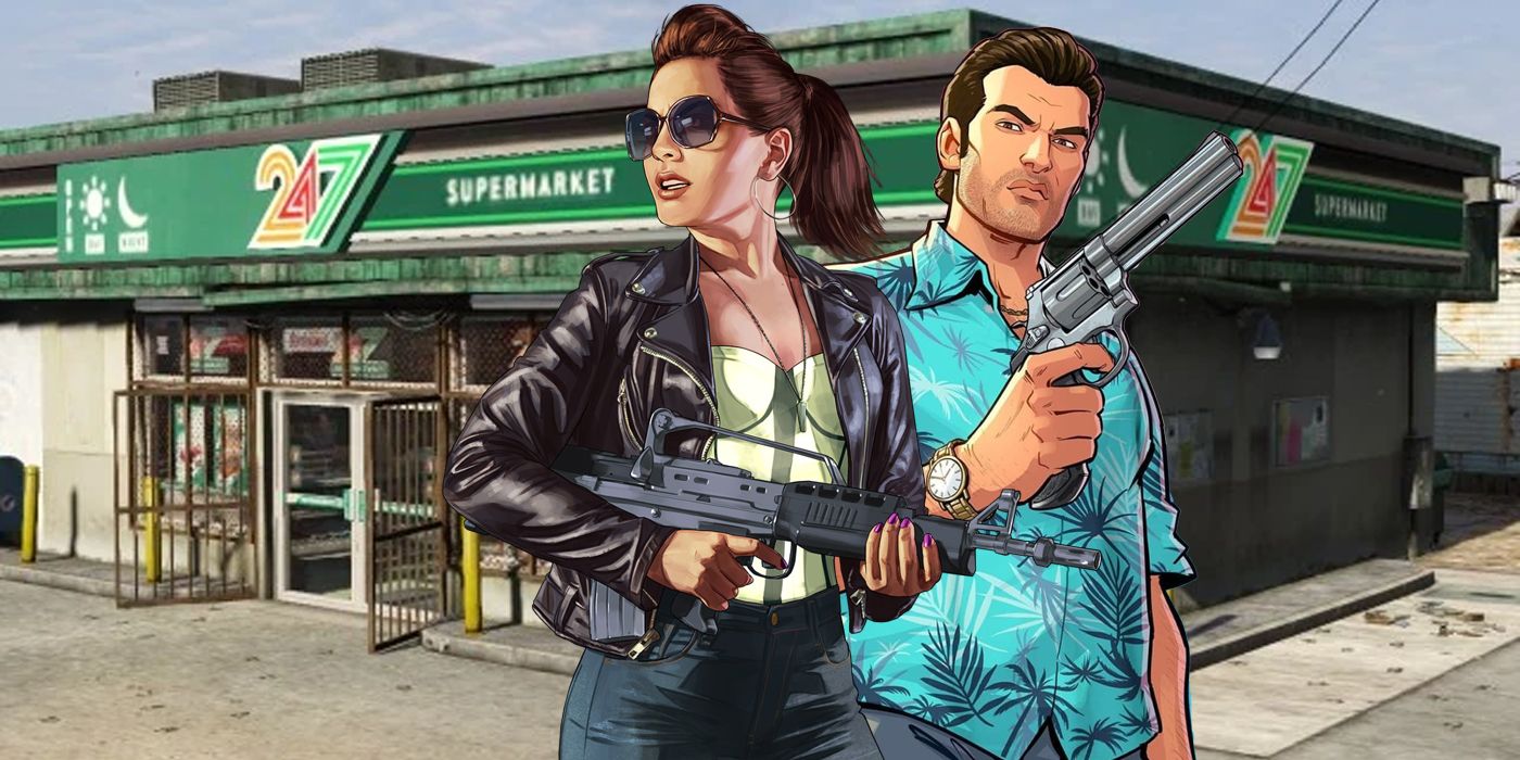 Un personaggio maschile e femminile brandiscono pistole fuori da un minimarket GTA