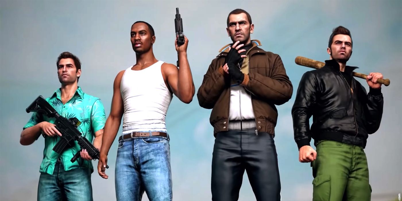 Hossein Diba's HD versions of the GTA Trilogy and GTA 4's protagonists lined up brandishing weapons