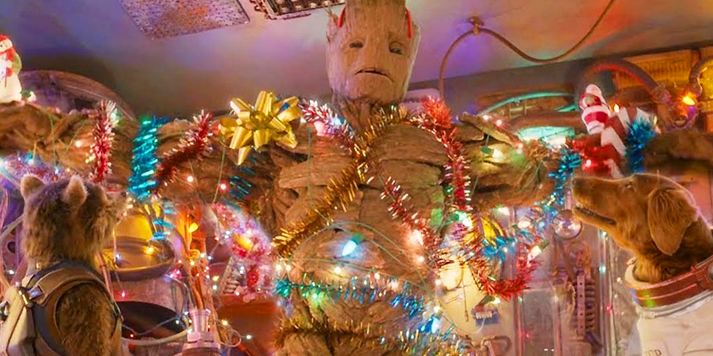 Groot covered in Christmas lights in the Guardians of the Galaxy Christmas Special