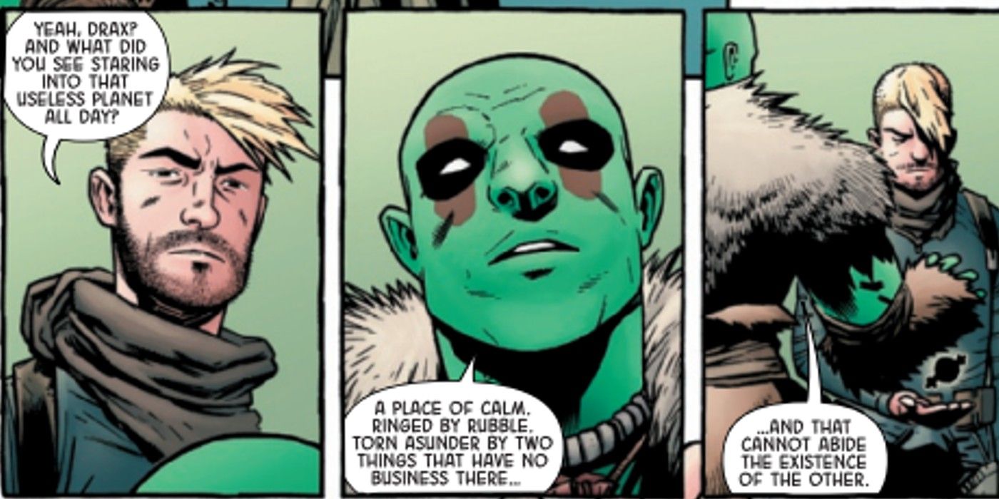 Stae Lord e Drax, membros dos Guardiões da Galáxia, conversam