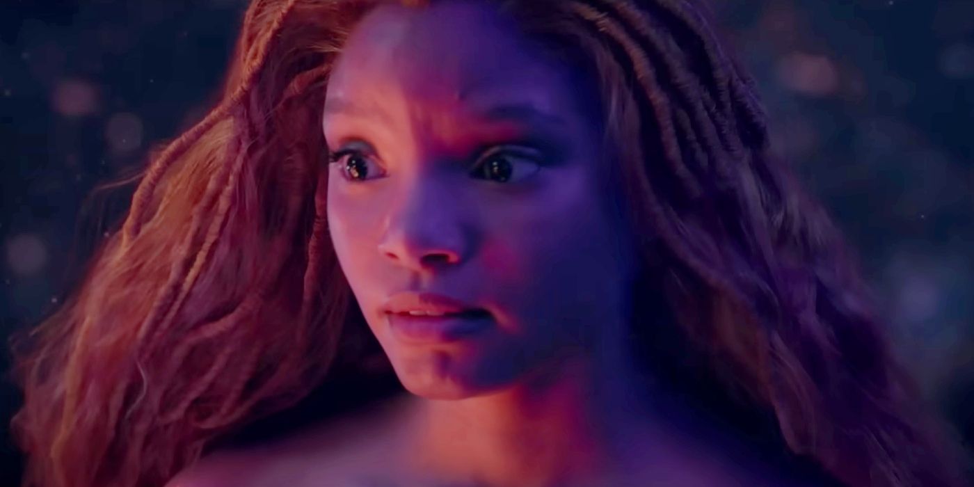 Halle Bailey as Ariel looking worried in The Little Mermaid.