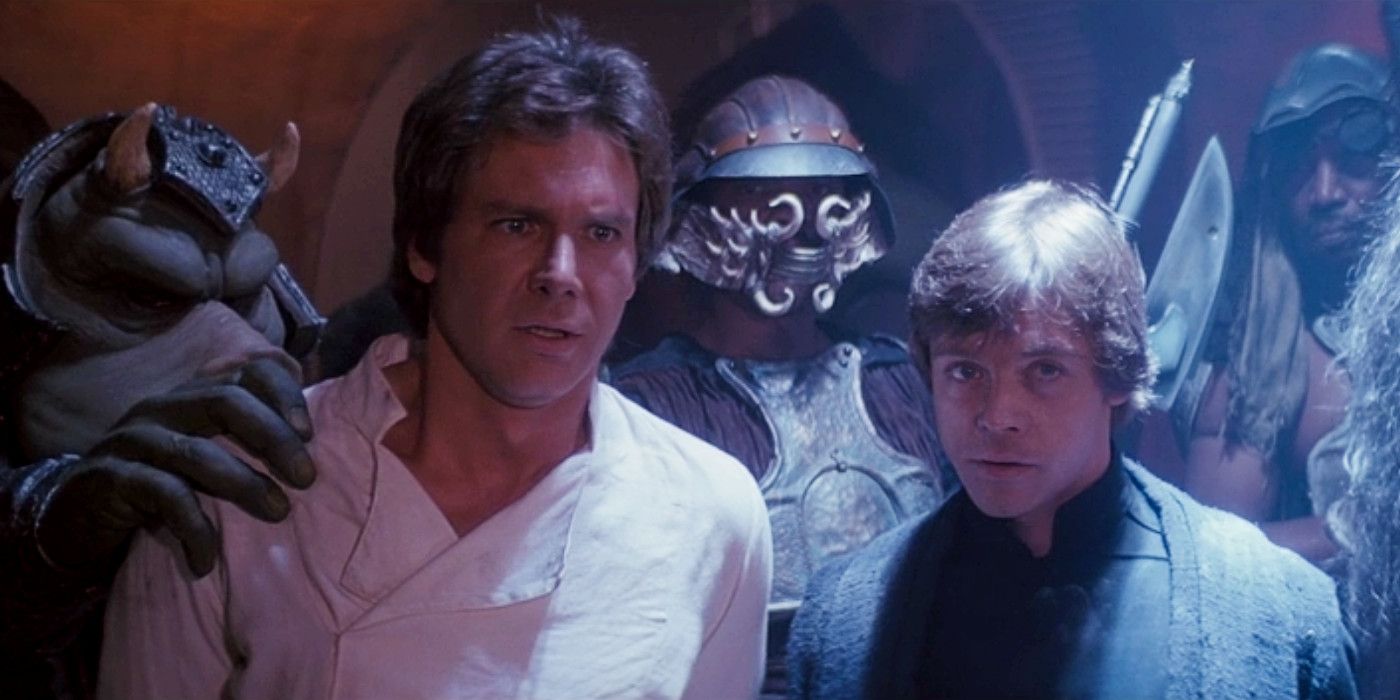 Han Solo and Luke Skywalker standing captured at Jabba's Palace in Star Wars Return of the Jedi