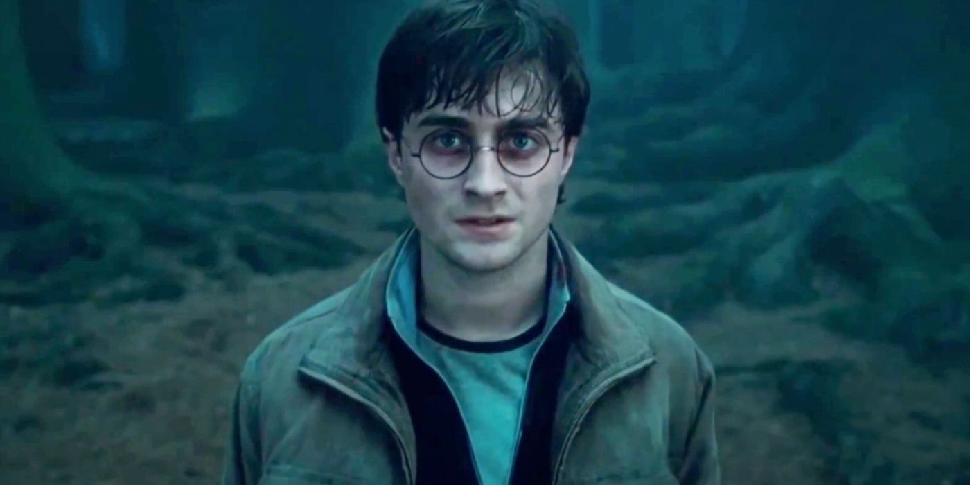 Daniel Radcliffe as Harry Potter standing in the Forbidden Forest in Deathly Hallows Part 2
