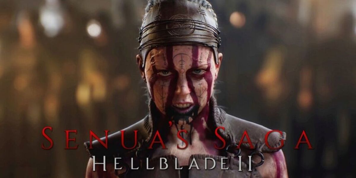 Hellblade 2 Senua's Saga, showing a person with a lot of face paint that looks like blood and tattoos