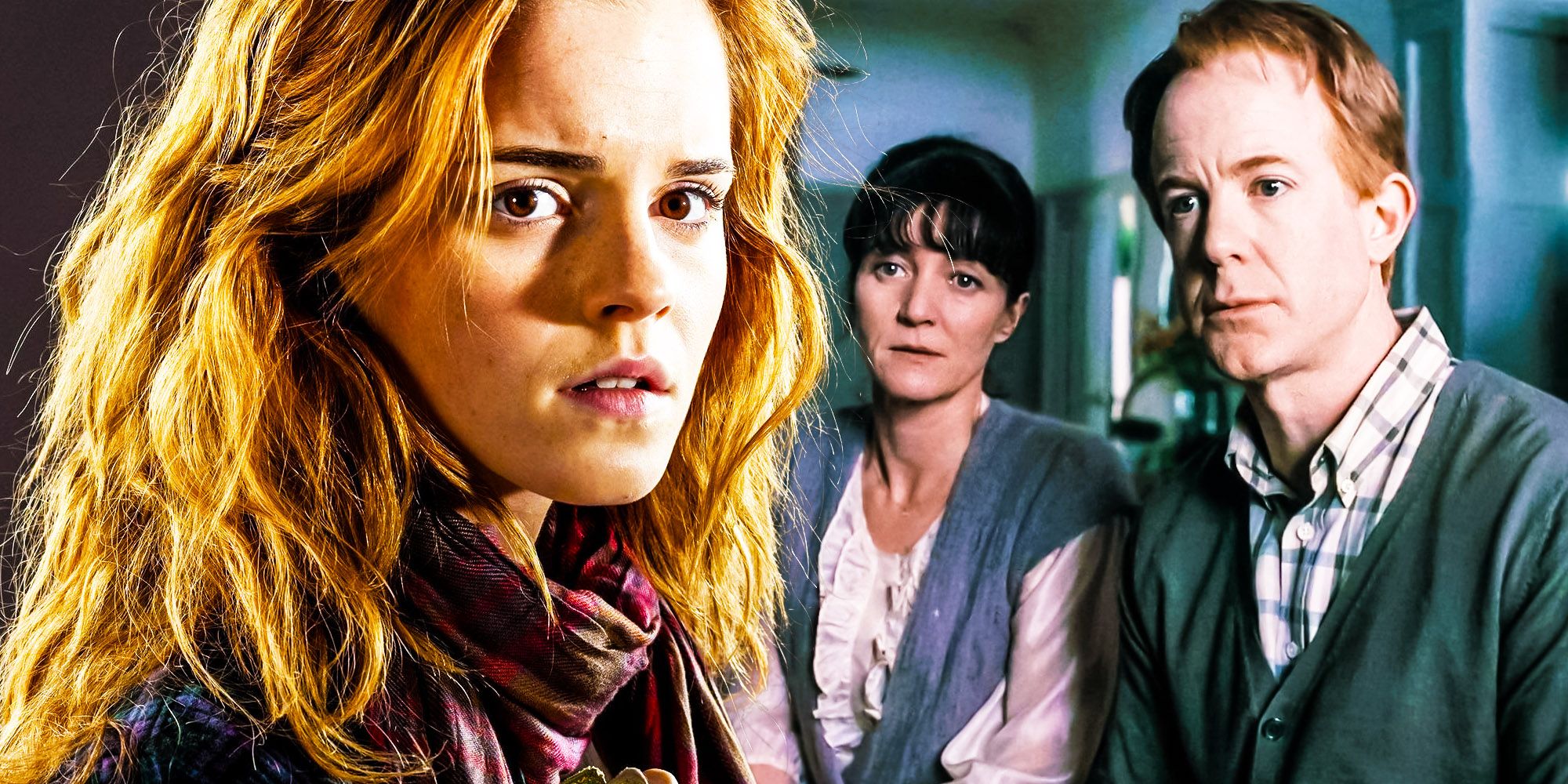 A blended image features Hermione Granger and her parents in Harry Potter and the Deathly Hallows Part 1