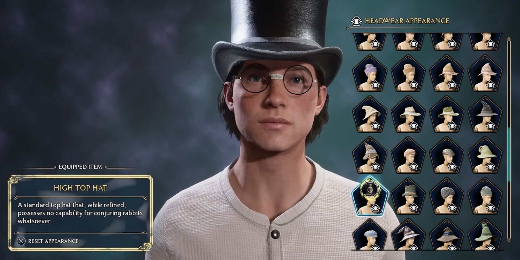 Male-presenting student wearing a High Top Hat in Hogwarts Legacy