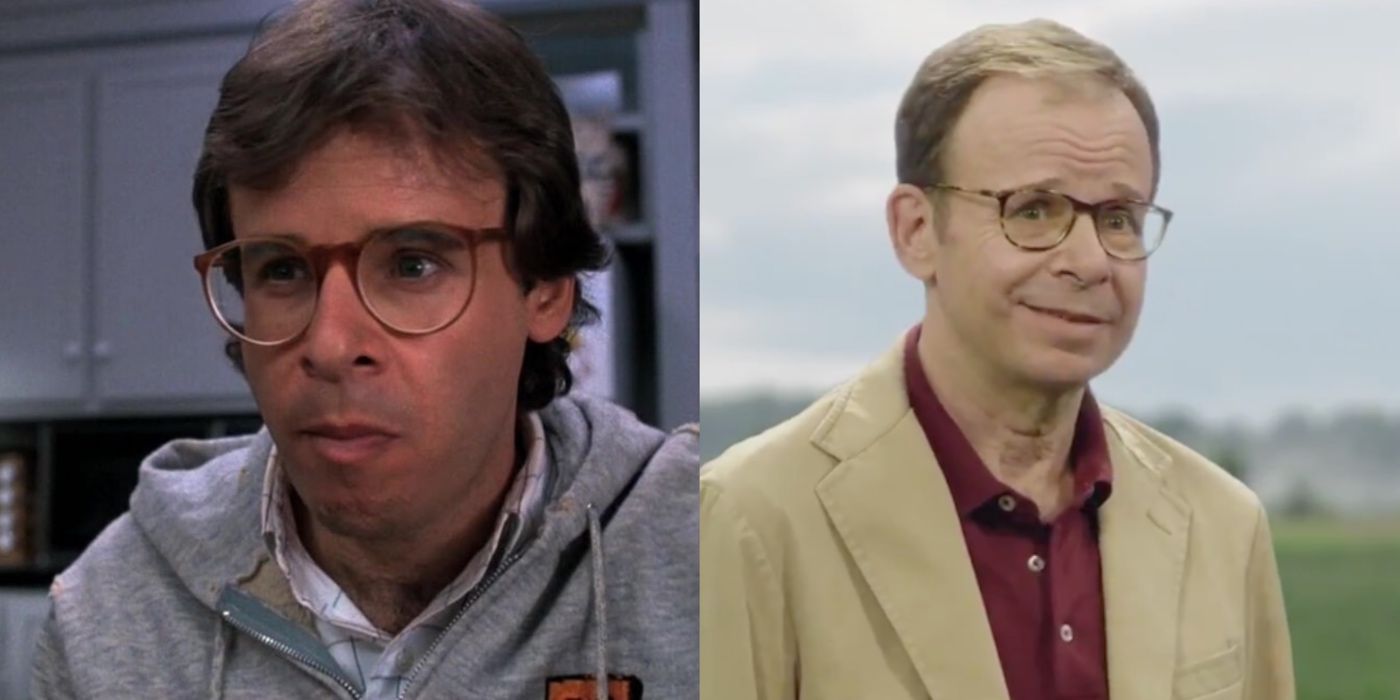 A split image of Rick Moranis in Honey, I Shrunk the Kids and a Mint Mobile commercial 
