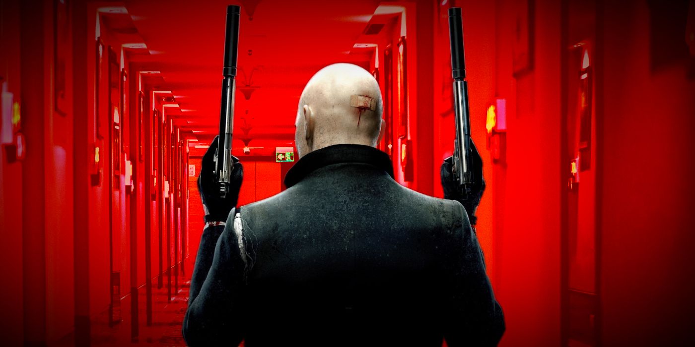 Agent 47 from Hitman standing with his back to the camera and two raised pistols superimposed over a red hallway