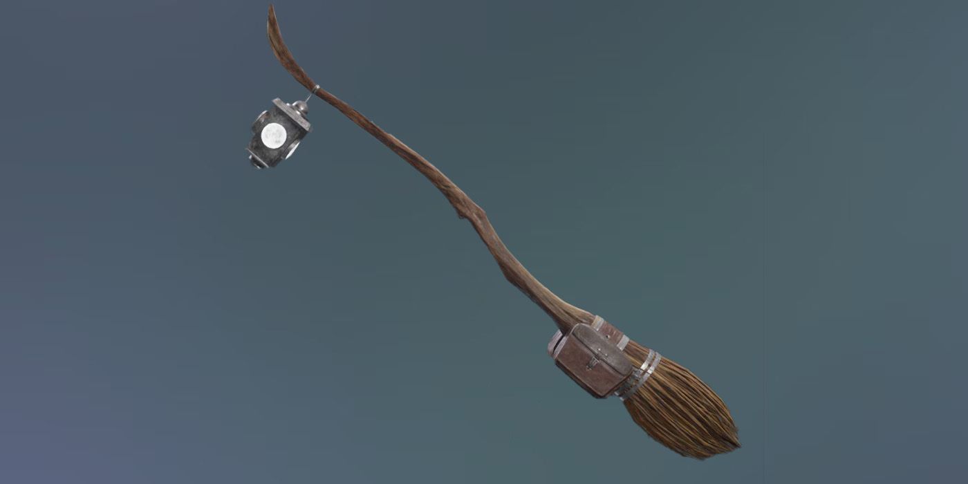 Render of the Moon Trimmer broom with a hanging lantern from Hogwarts Legacy on a gray background.