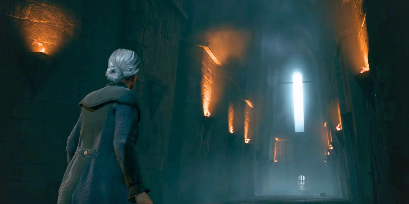 Helen Thistlewood with her back turned to the camera, entering Azkaban in Hogwarts Legacy.