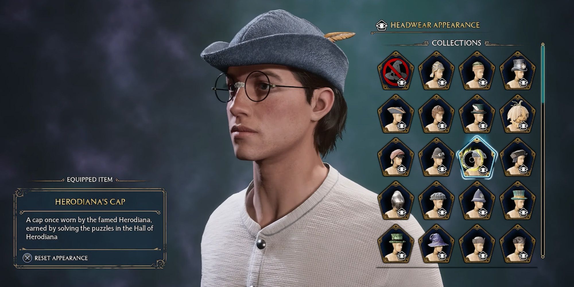 A male-presenting student wearing Herodiana's Cap in Hogwarts Legacy.
