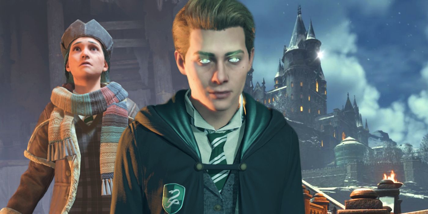 Hogwarts Legacy's Ominis Gaunt with green glowing eyes between a player character looking scared and a shot of Hogwarts at nighttime in the background.