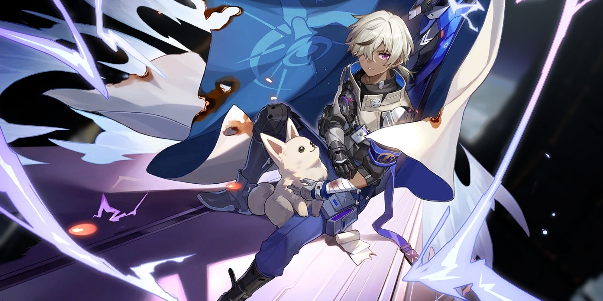 Honkai Star Rail's Arlan sits among purple lightning, with the dog Peppy sitting on his lap.