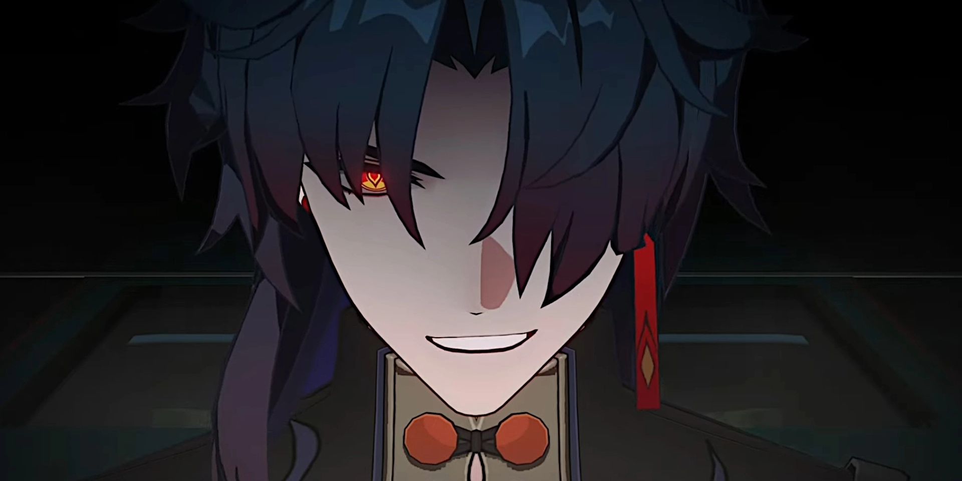 A close-up on Blade's face while he smirks in a Honkai Star Rail cutscene.
