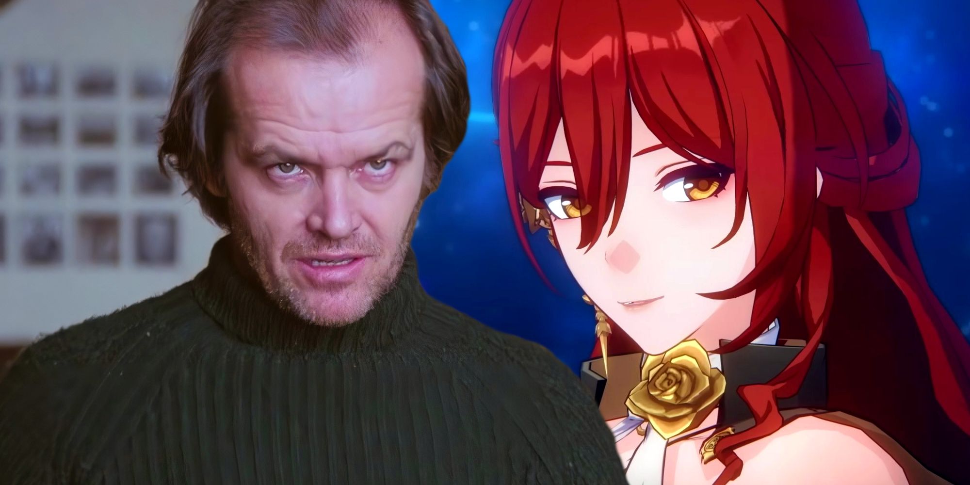 Jack Nicholson as Jack Torrance in The Shining staring past the camera next to Himeko from Honkai: Star Rail.