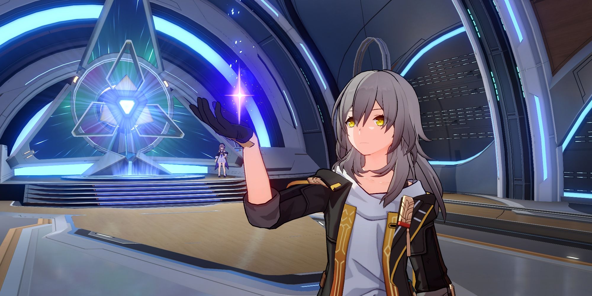 The female Trailblazer from Honkai Star Rail holding her hand up high inside Herta's room. Herta is in the background, near the entrance to the Simulated Universe.