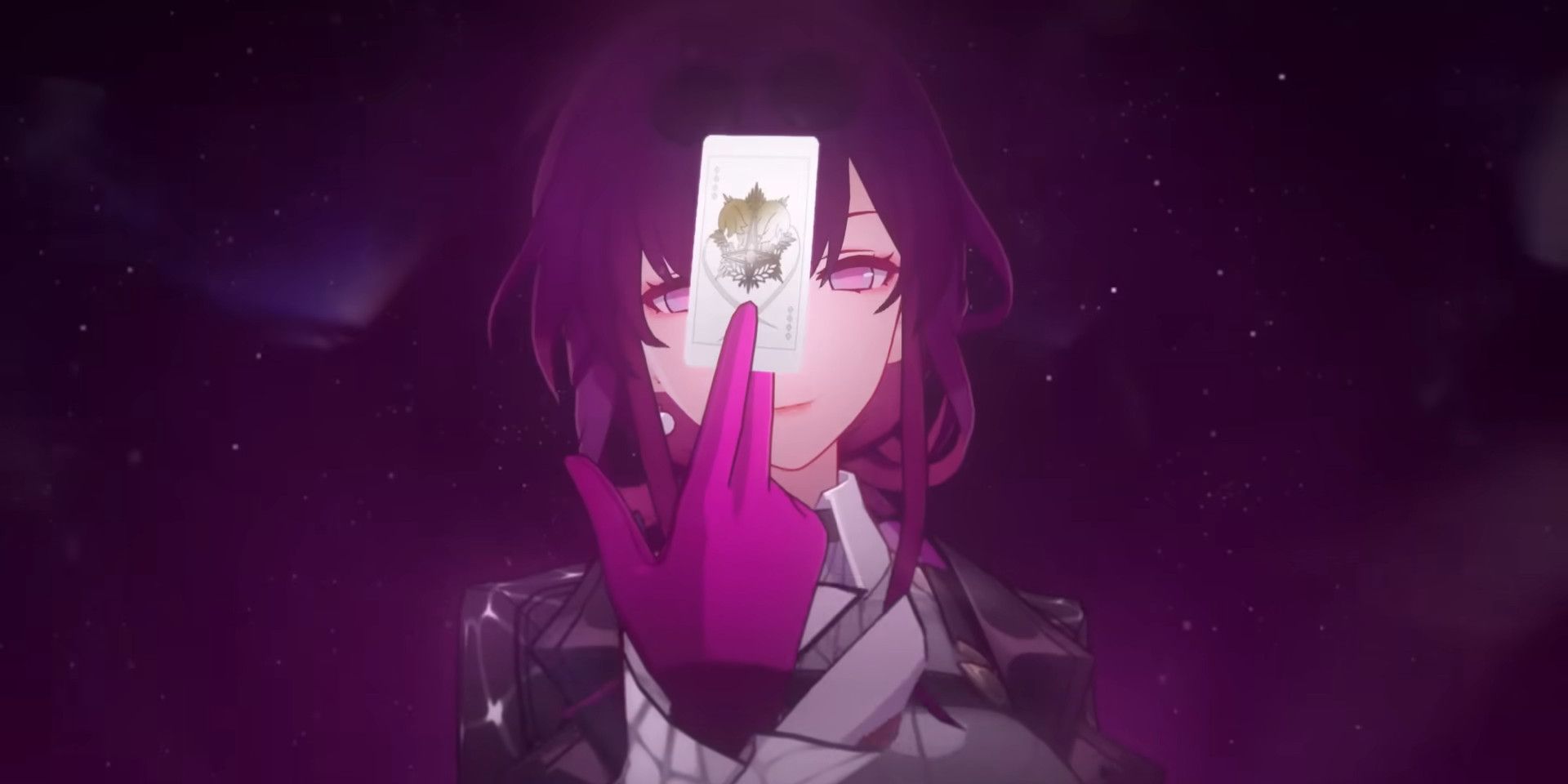 Kafka from Honkai: Star Rail holding a card up in front of her face between her middle and pointer fingers.