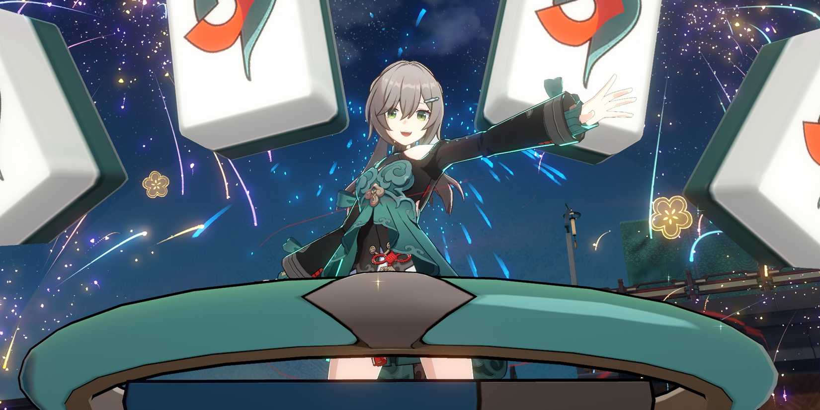 Honkai Star Rail's Qingque celebrates while fireworks go off in the background.