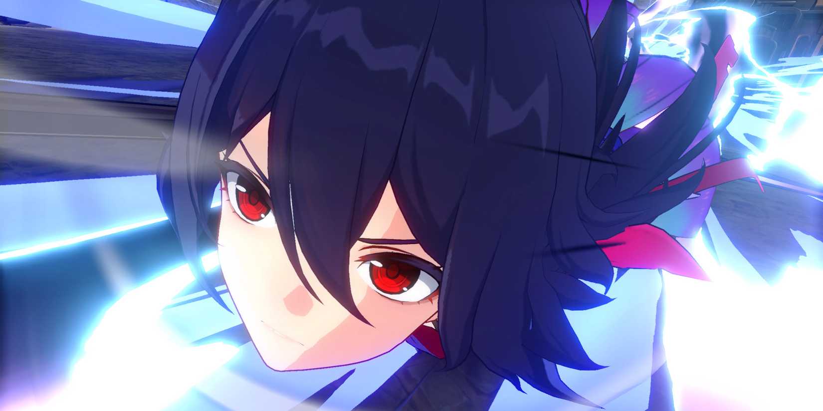 Seele using her Ultimate in Honkai: Star Rail, flying towards the screen with bright speed lines around her.