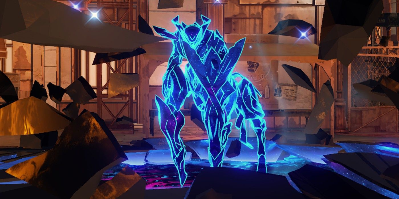One of Honkai Star Rail's Stagnant Shadows, represented by the four-legged Voidranger: Trampler beast, which looks like a centaur, frozen by a blue energy from the Fragmentum. Pieces of the floor float around its unconscious body within Rivet Town.