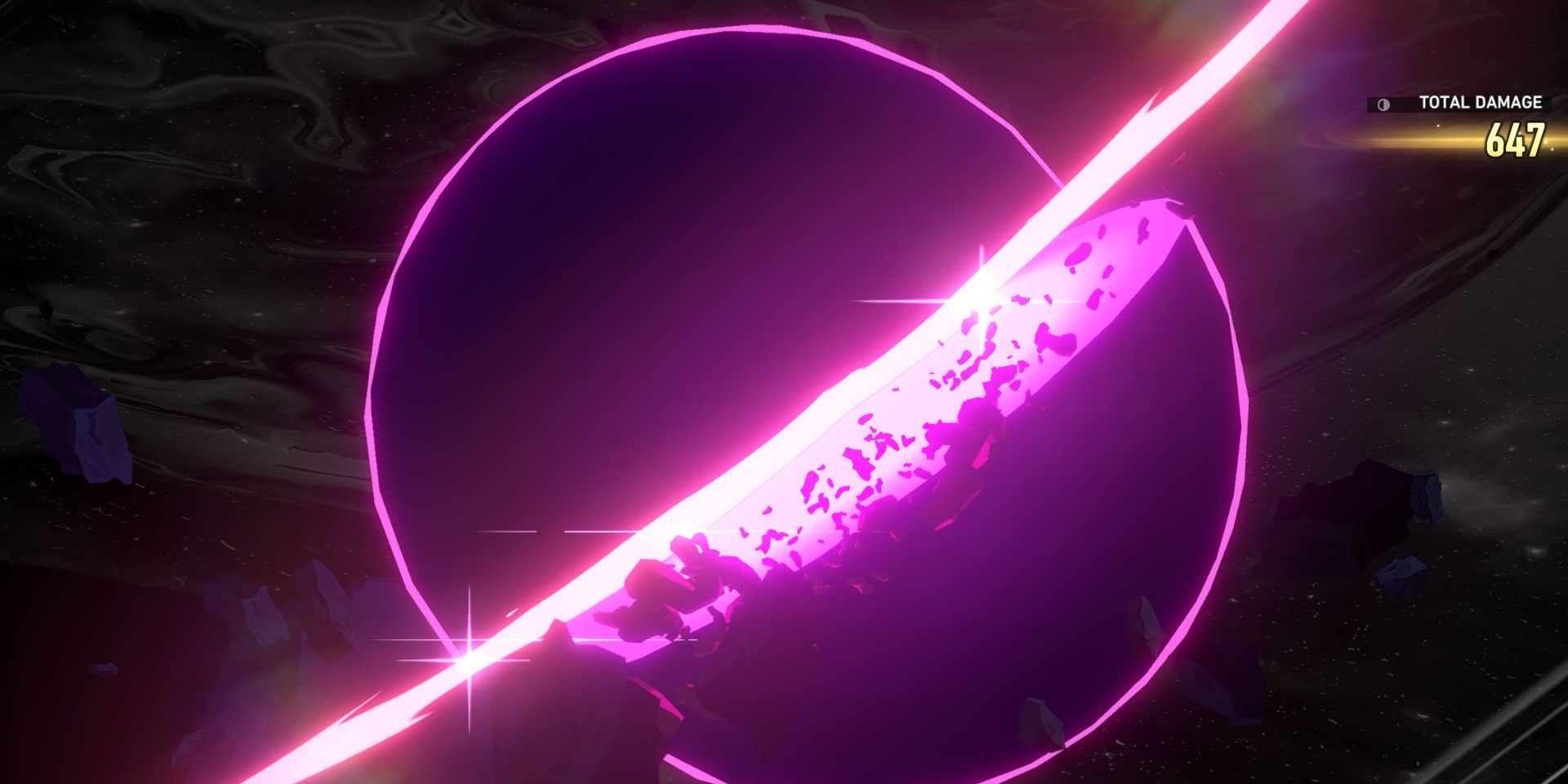 Welt's Ultimate en Honkai: Star Rail, que muestra un agujero negro cortado por la mitad por un rayo de energía de color púrpura brillante.