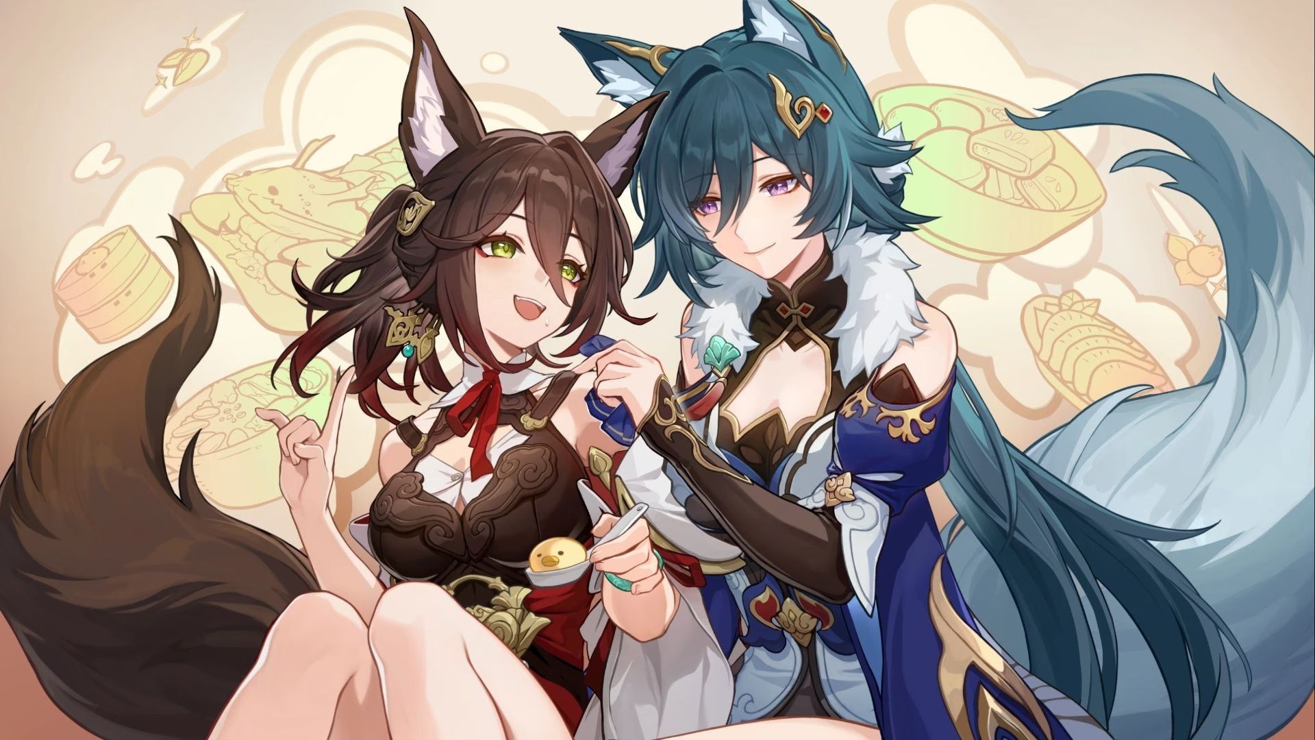 An official Honkai Star Rail art featuring Yukong to the right and Tingyun to the left. Yukong is holding up a handkerchief to wipe Tingyun's mouth, which is dirty from the food she is eating with her spoon.