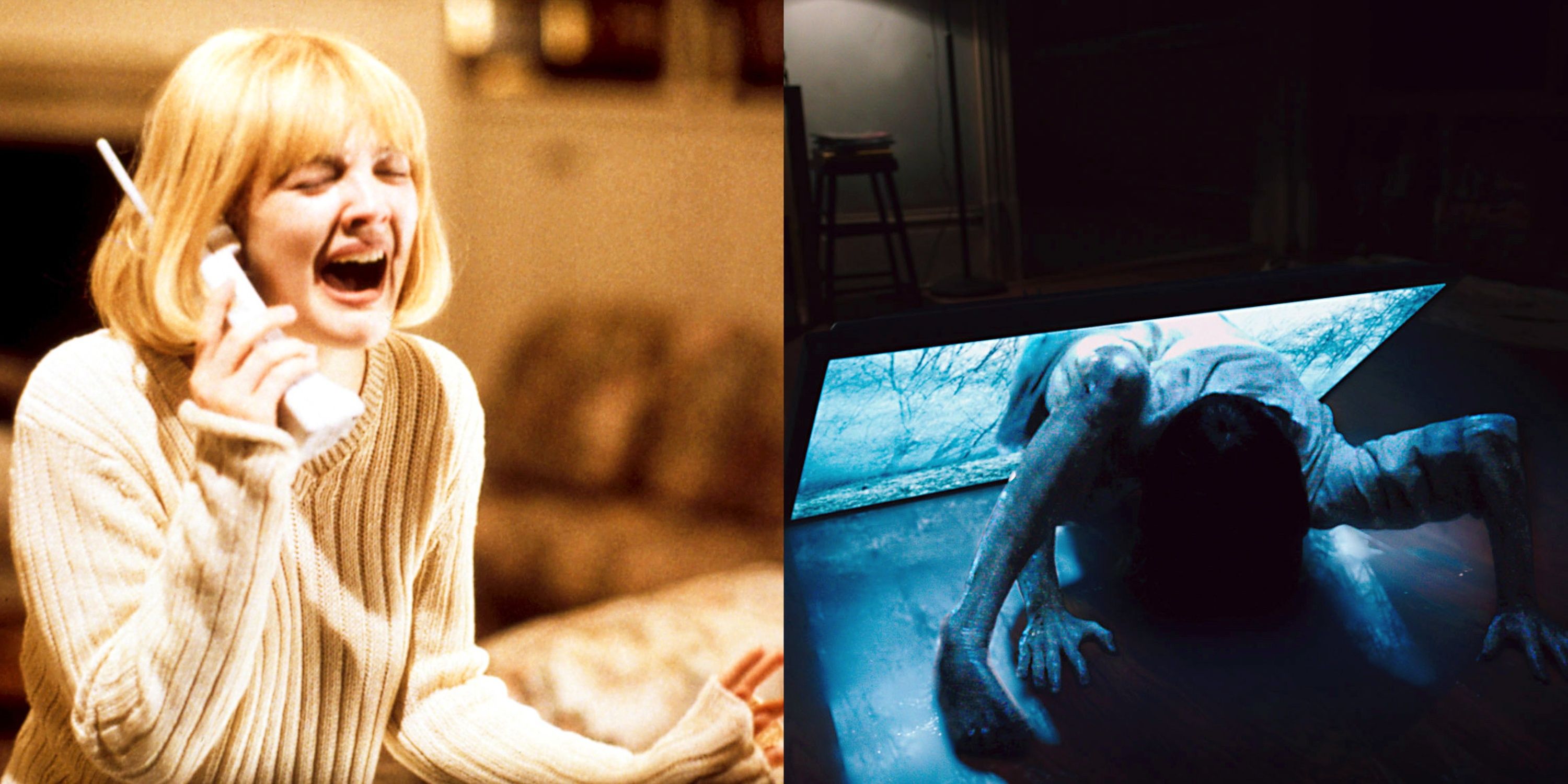 Split image of Drew Barrymore in Scream and the girl coming out of the TV in The Ring