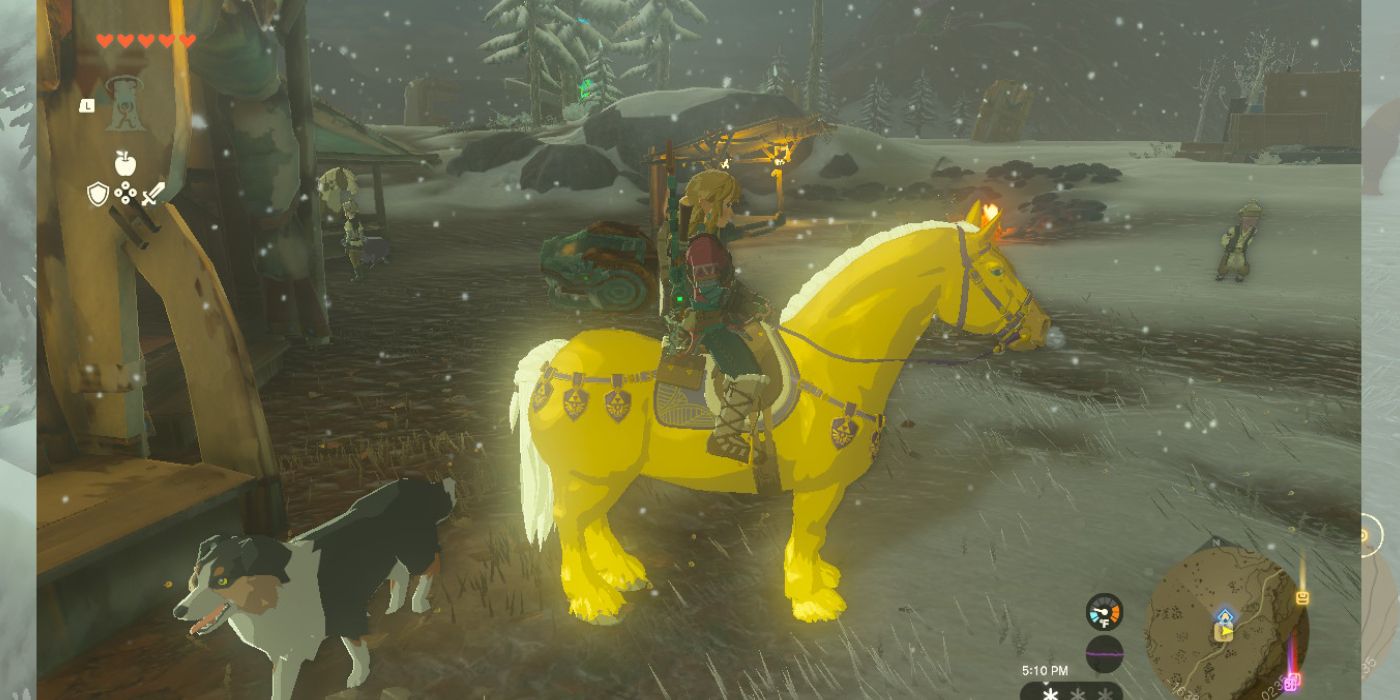 Link riding Zelda's Golden Horse (and a dog) in Tears of The Kingdom