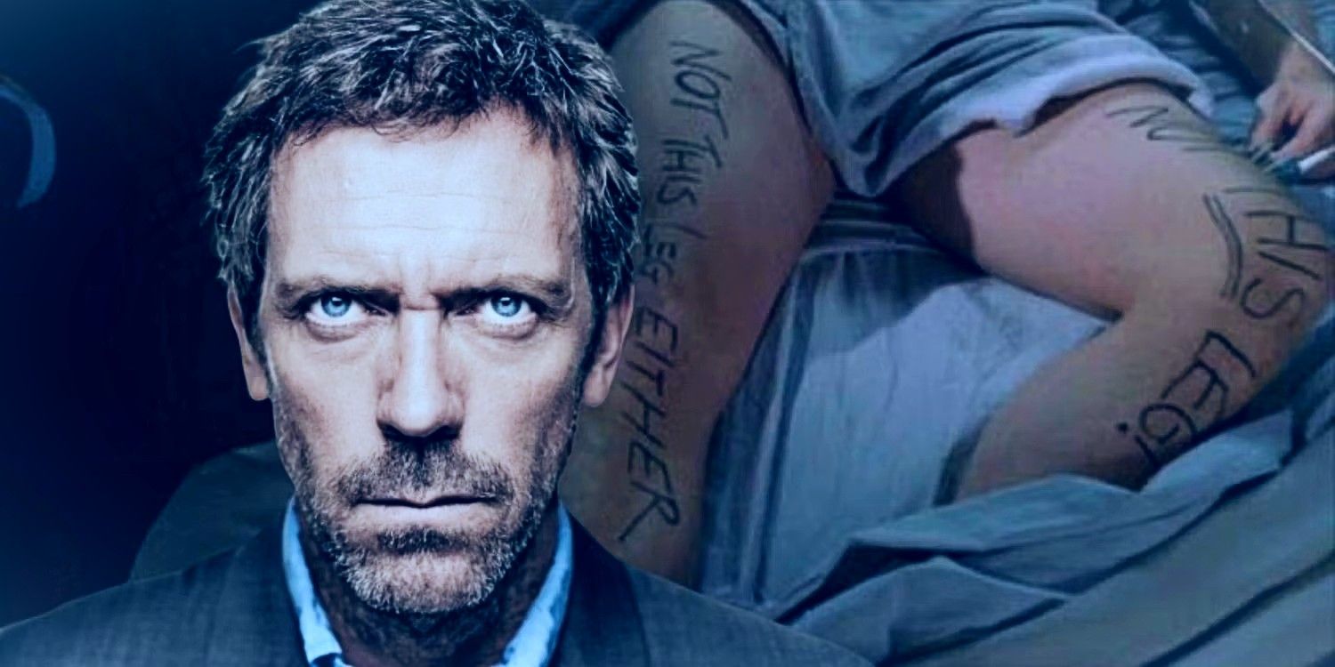 Split image of Dr. House and his injured legs