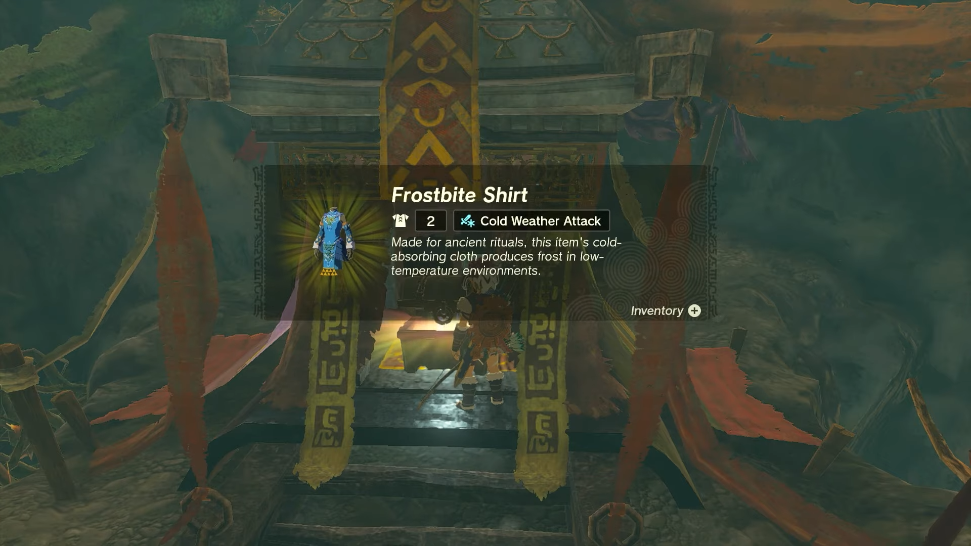 A screenshot of Zelda: Tears of the Kingdom's Link obtaining the Frostbite Shirt.