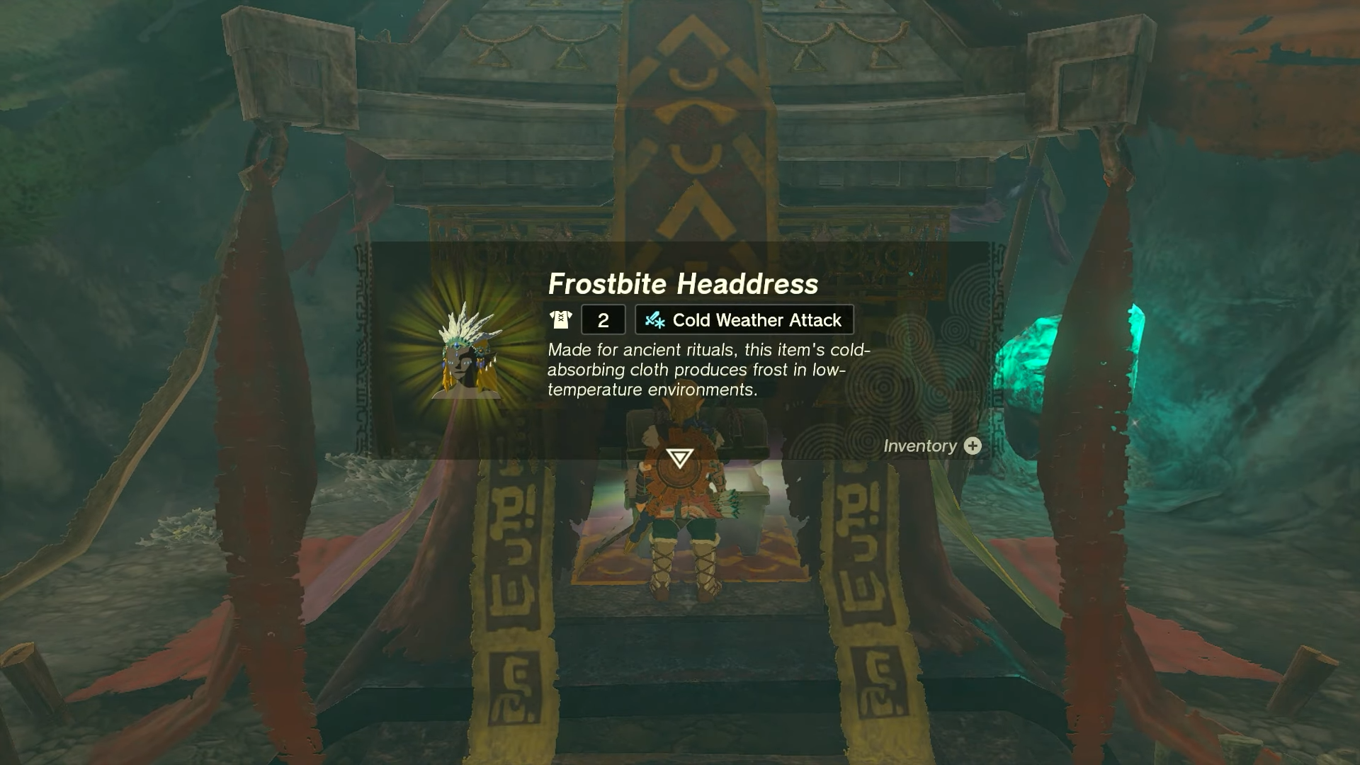 A screenshot of Zelda: Tears of the Kingdom's Link obtaining the Frostbite Headdress.