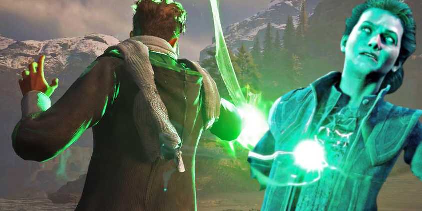 A Hogwarts Legacy player using the Avada Kedavra curse spell on a character