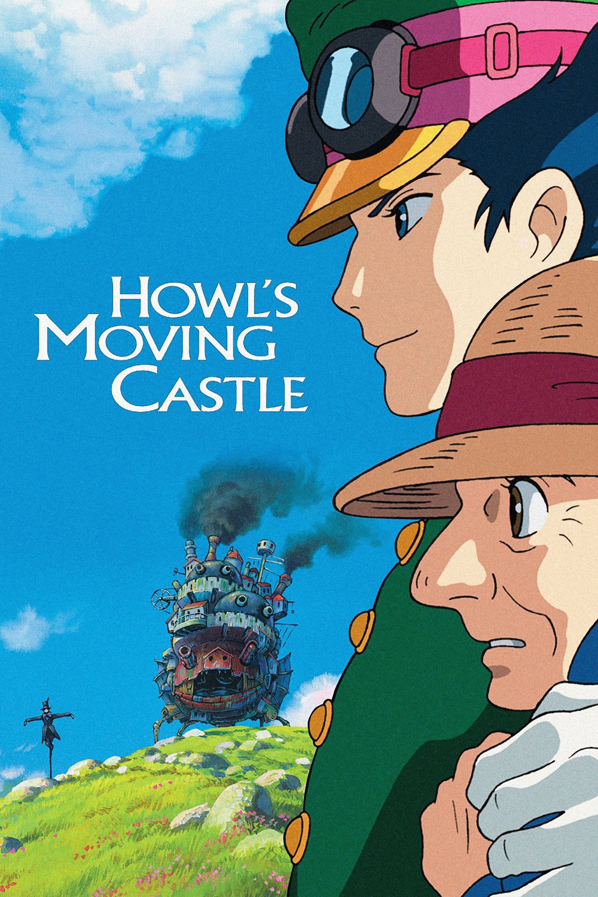 Pôster oficial do filme Howl's Moving Castle, retratando Howl e Sophie, e também seu castelo.