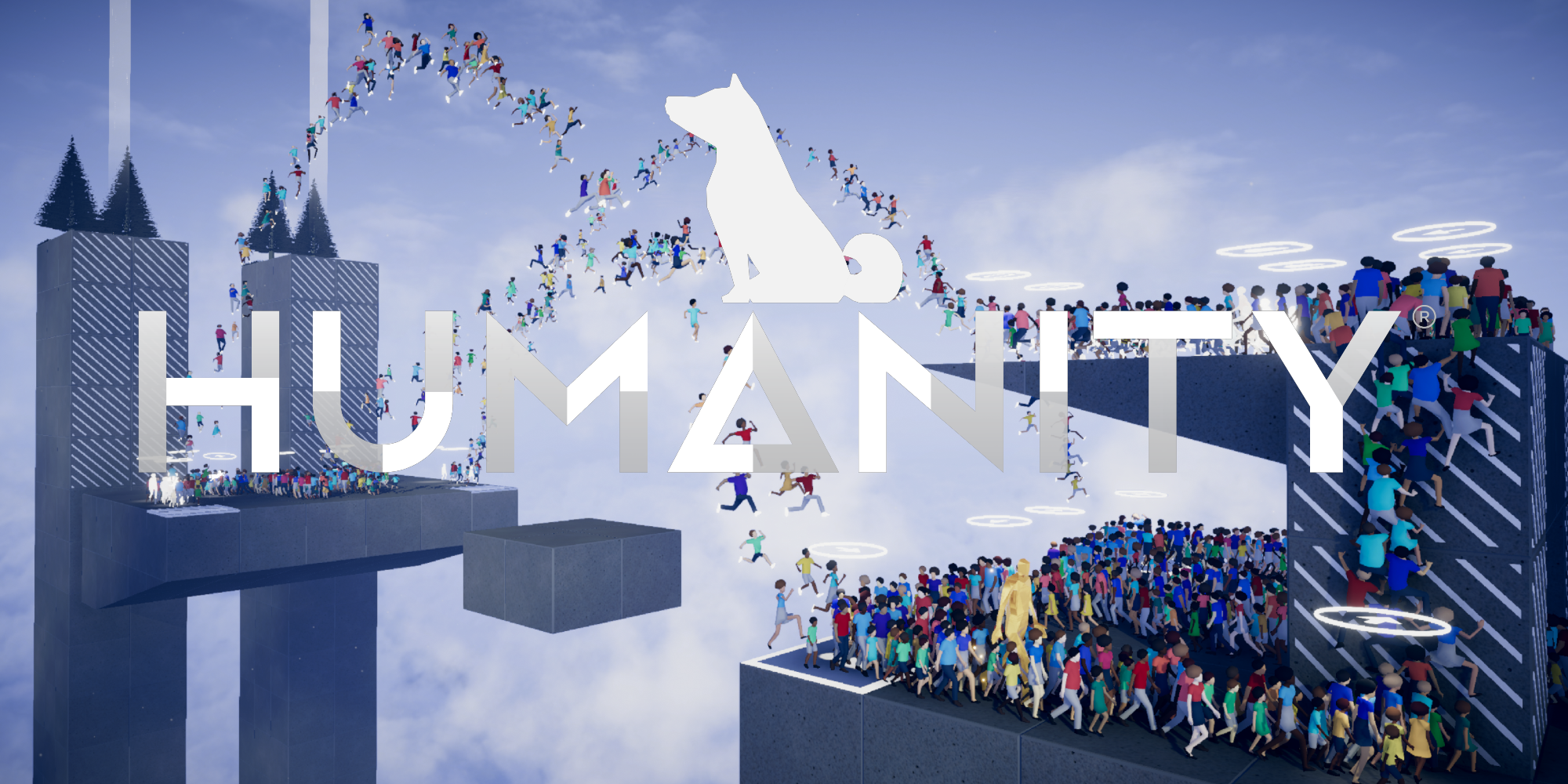 Humanity Review humans jumping with dog logo and game title