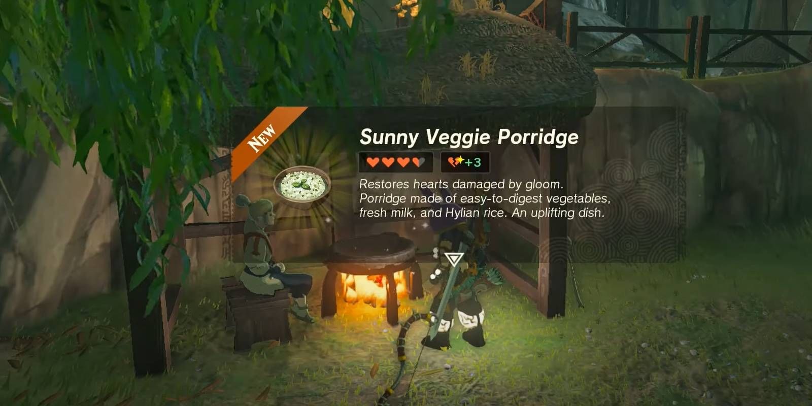 Link parado junto a una olla mientras adquiere Sunny Veggie Porridge en Tears of the Kingdom.