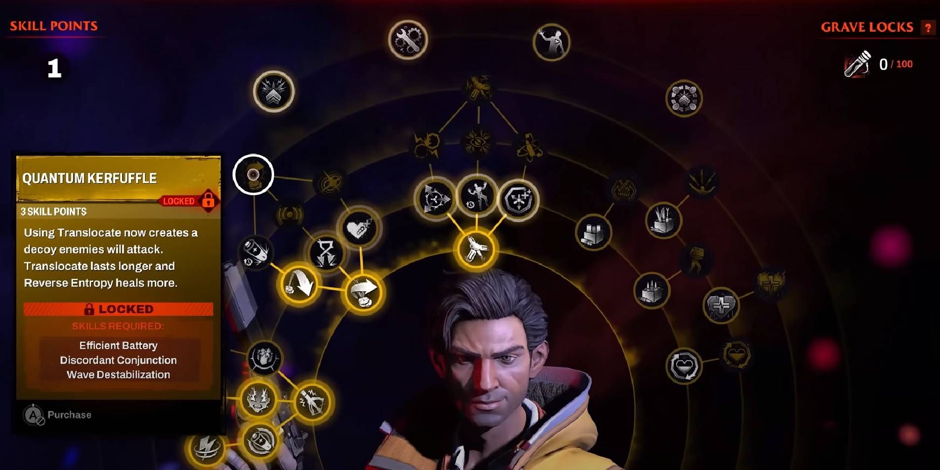Redfall Character Skill Tree with Quantum Kerfuffle Skill Selected and Skill Points Available Displayed