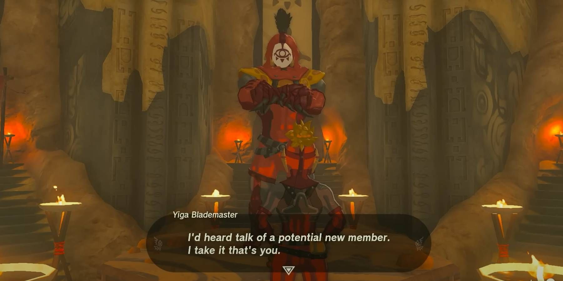 Zelda: Tears of the Kingdom Yiga Blademaster in Yiga Clan Hideout letting Link in Disguise get Through