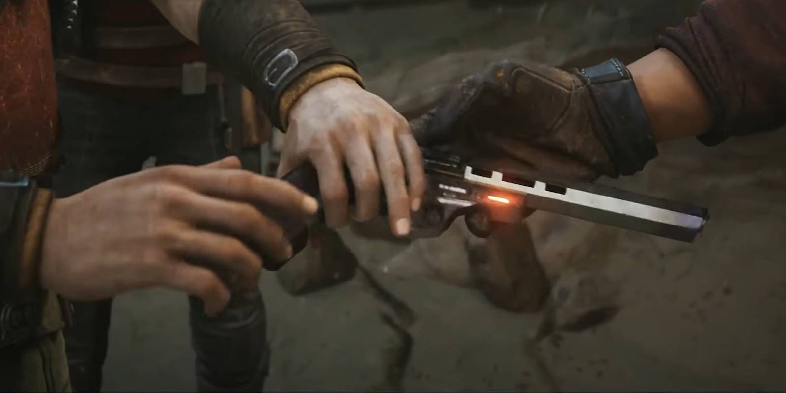 Star Wars Jedi: Survivor Cal Receiving Bode's Blaster Pistol Cutscene that Unlocks Blaster Stance