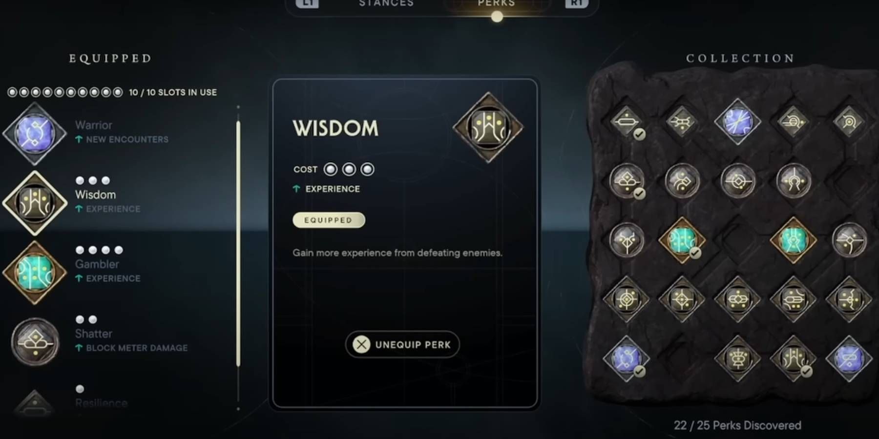 Star Wars Jedi: Survivor Wisdom Perk Included in Player's Overall Collection