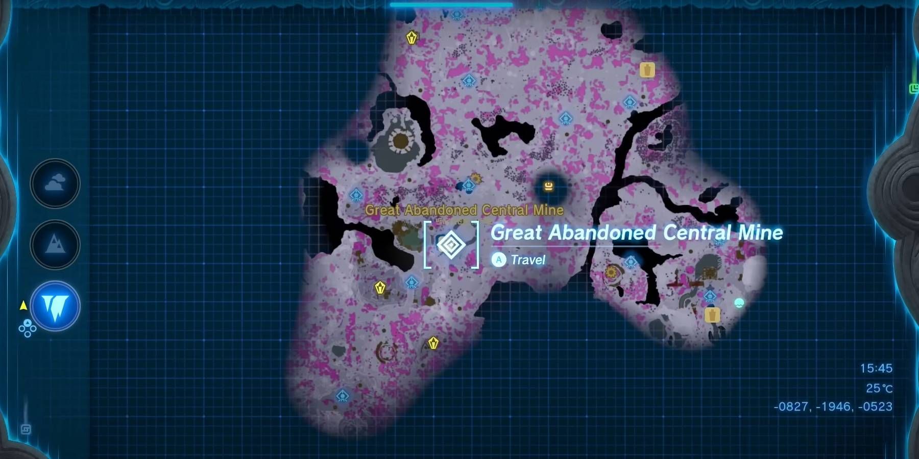 Une capture d'écran de la carte des profondeurs, se concentrant sur la zone de la grande mine centrale abandonnée dans The Legend of Zelda: Tears of the Kingdom.
