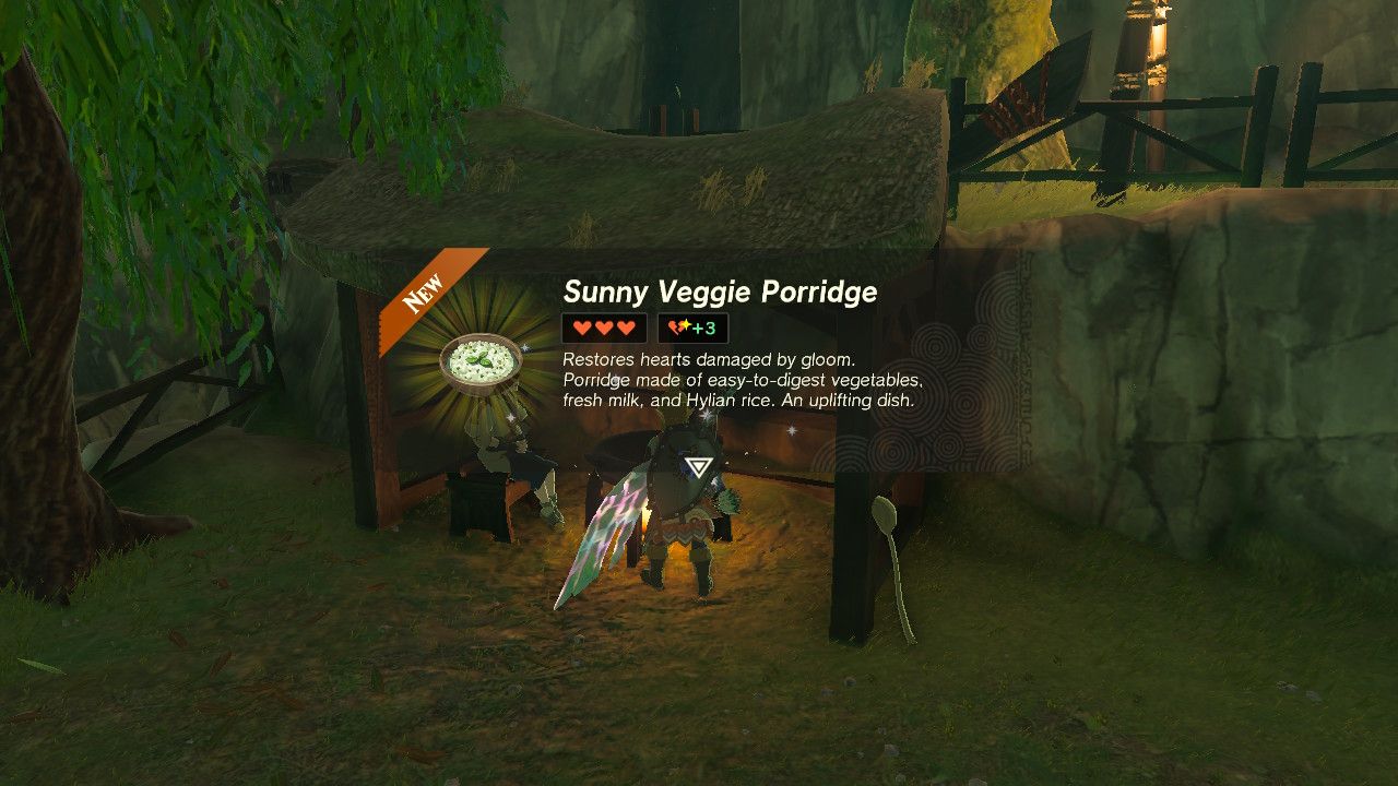 Link standing in front of a pot making Sunny Veggie Porridge in Zelda: TOTK