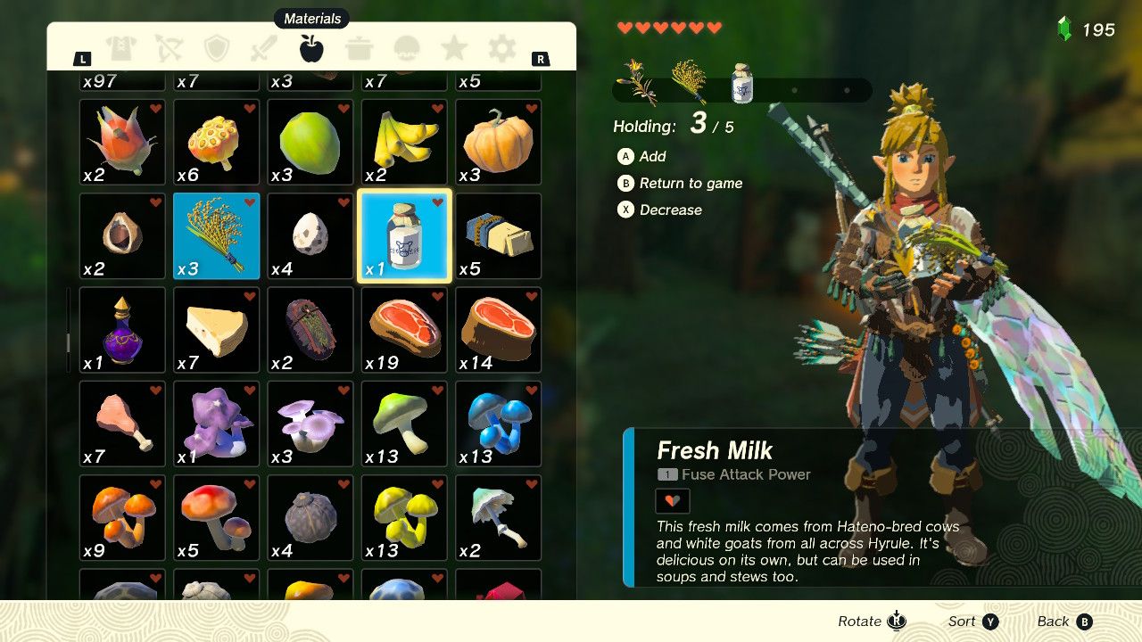 Link holding Hylian Rice, Fresh Milk, and Sundelion in Zelda: TOTK