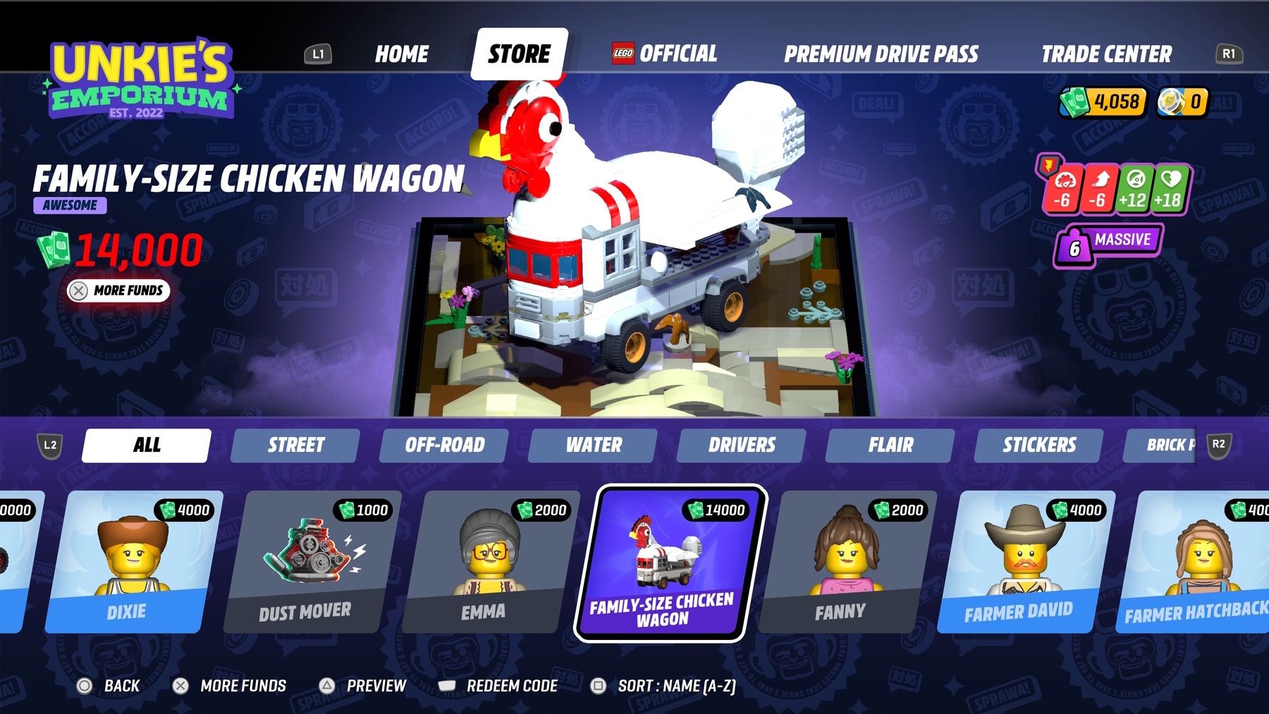 LEGO 2K Drive Microtransations Store In Unkie's Emporium - image showing the Family-Size Chicken Wagon that can be purchased for 14,000 in-game bucks