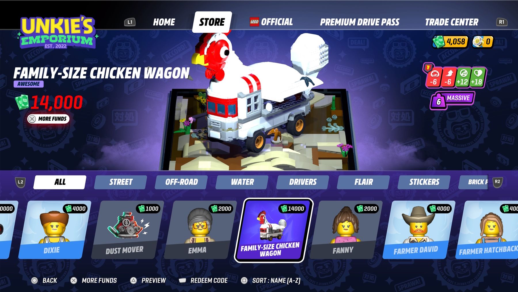 LEGO 2K Drive Microtransations Store Di Unkie's Emporium - gambar yang menunjukkan Gerobak Ayam Ukuran Keluarga yang dapat dibeli seharga 14.000 dolar dalam game